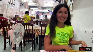 Katty West has break bread far an Asian cafe devoid of panties and flashes her pussy on public
